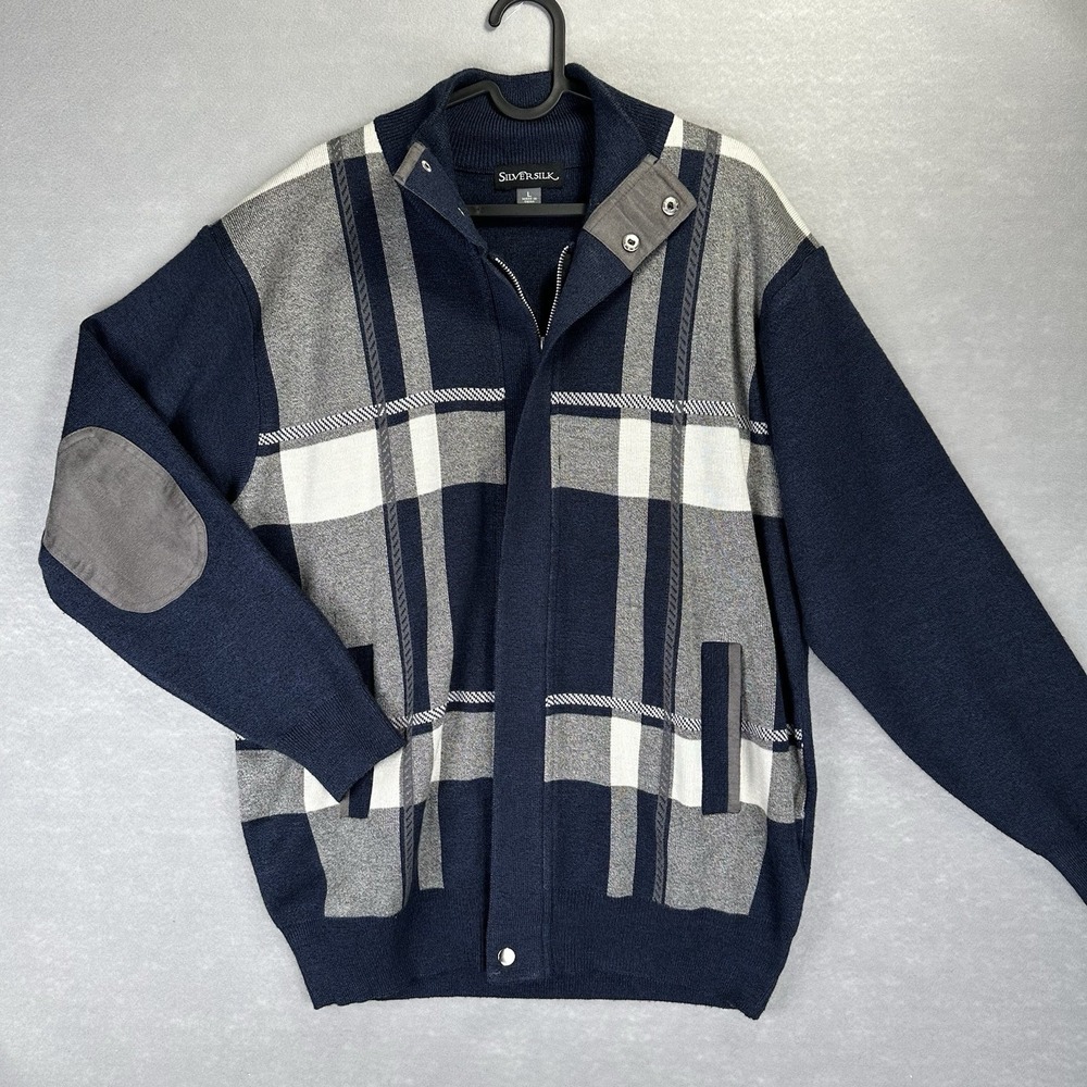 Silversilk Sweater Jacket Mens L Knit Plaid Full Zip Retro Grandpacore‎ Cardigan